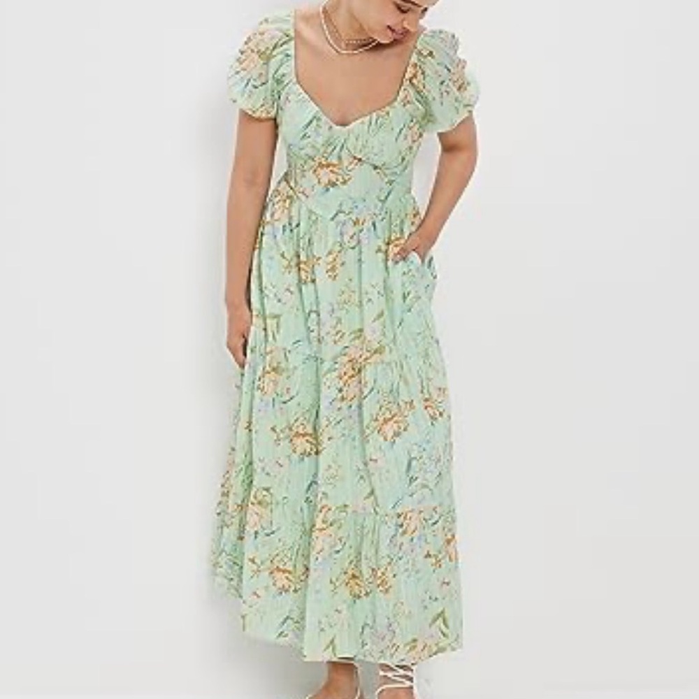 American Eagle Outfitters Floral Open Back Green Corset Midi Dress